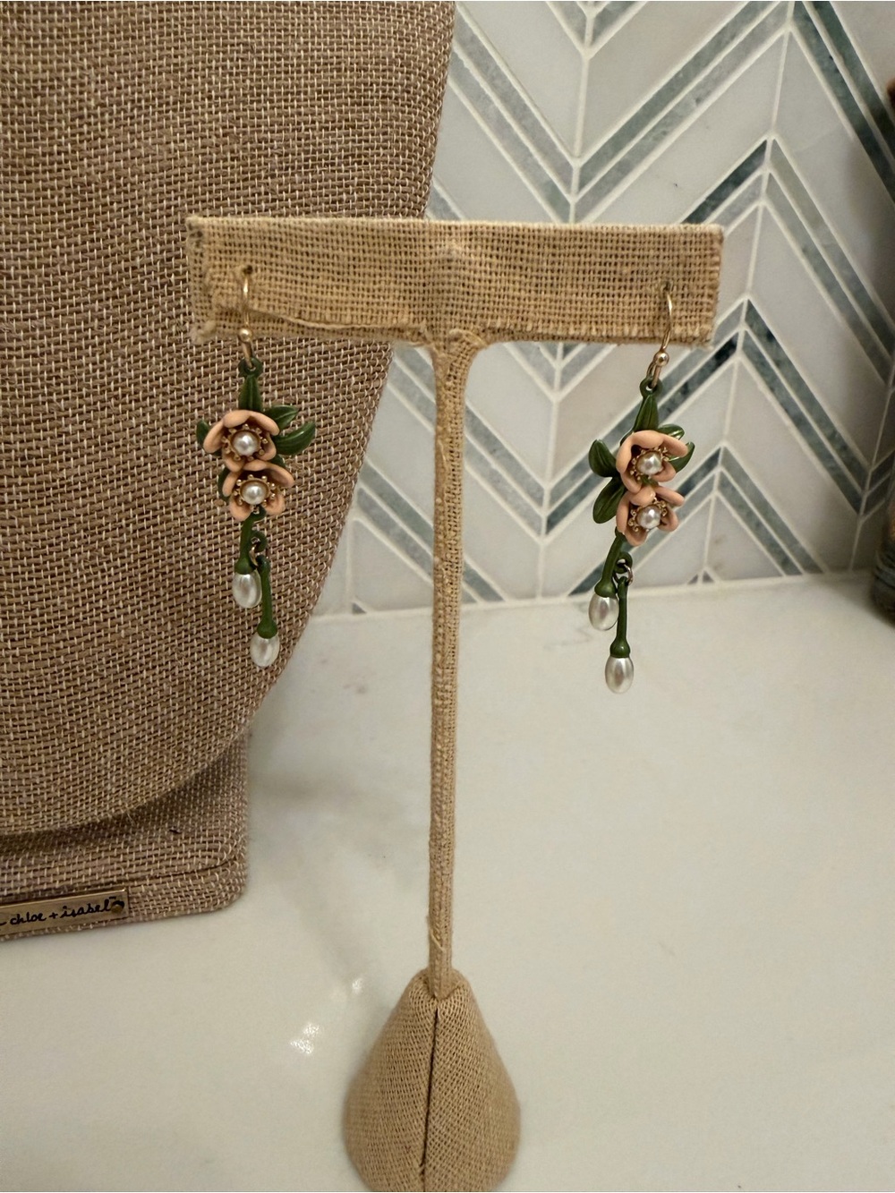 Peach Blossom Drop Earrings with Green Leaves and Pearl Drops